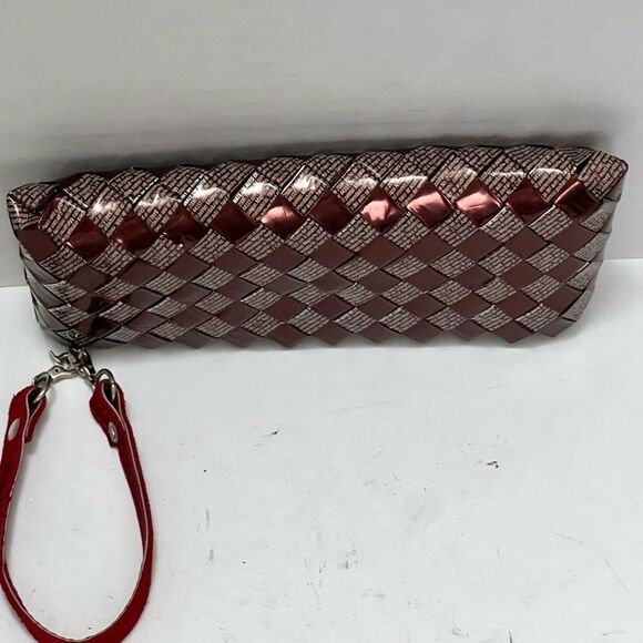 Nahui Ollin Handcrafted Woven Candy Wrappers Wristlet Maroon Upcycled Designer - Picture 8 of 8